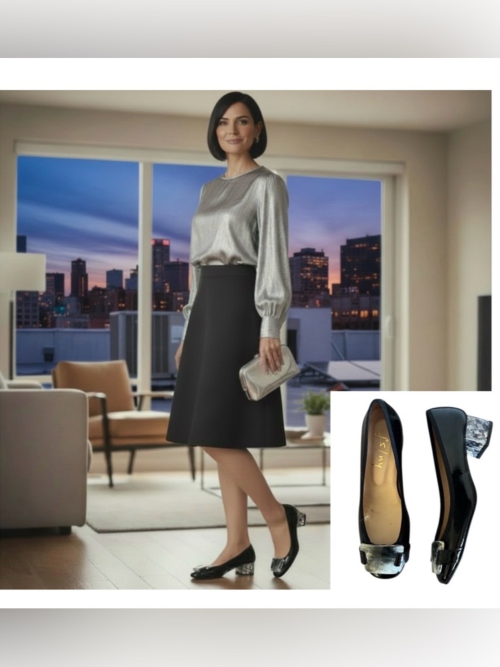 French Sole NY Sonja Morgan Black Jolie patent leather Heels marble heel and toe